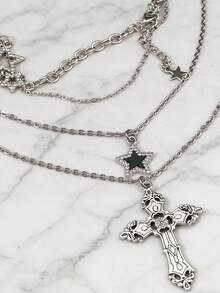 3pcs/Set Vintage Gothic Style Statement Star Charm Chunky Chain Necklace Set For Women, Punk Style - 銀色 - 查看 6