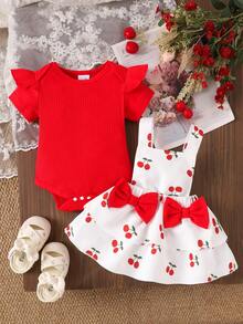 2件套女婴可爱红色罗纹连体衣+樱桃印花背带裙套装，春夏假日 - 紅色 - 查看 3