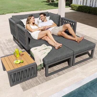 Gartenmöbel Set Mit Hochwertigen Sitzkissen & Rückenkissen, Garten Loungesessel Für 6 Personen, Doppelliege Für Den Außenbereich, Verstellbarer Rückenlehnenwinkel, Grau