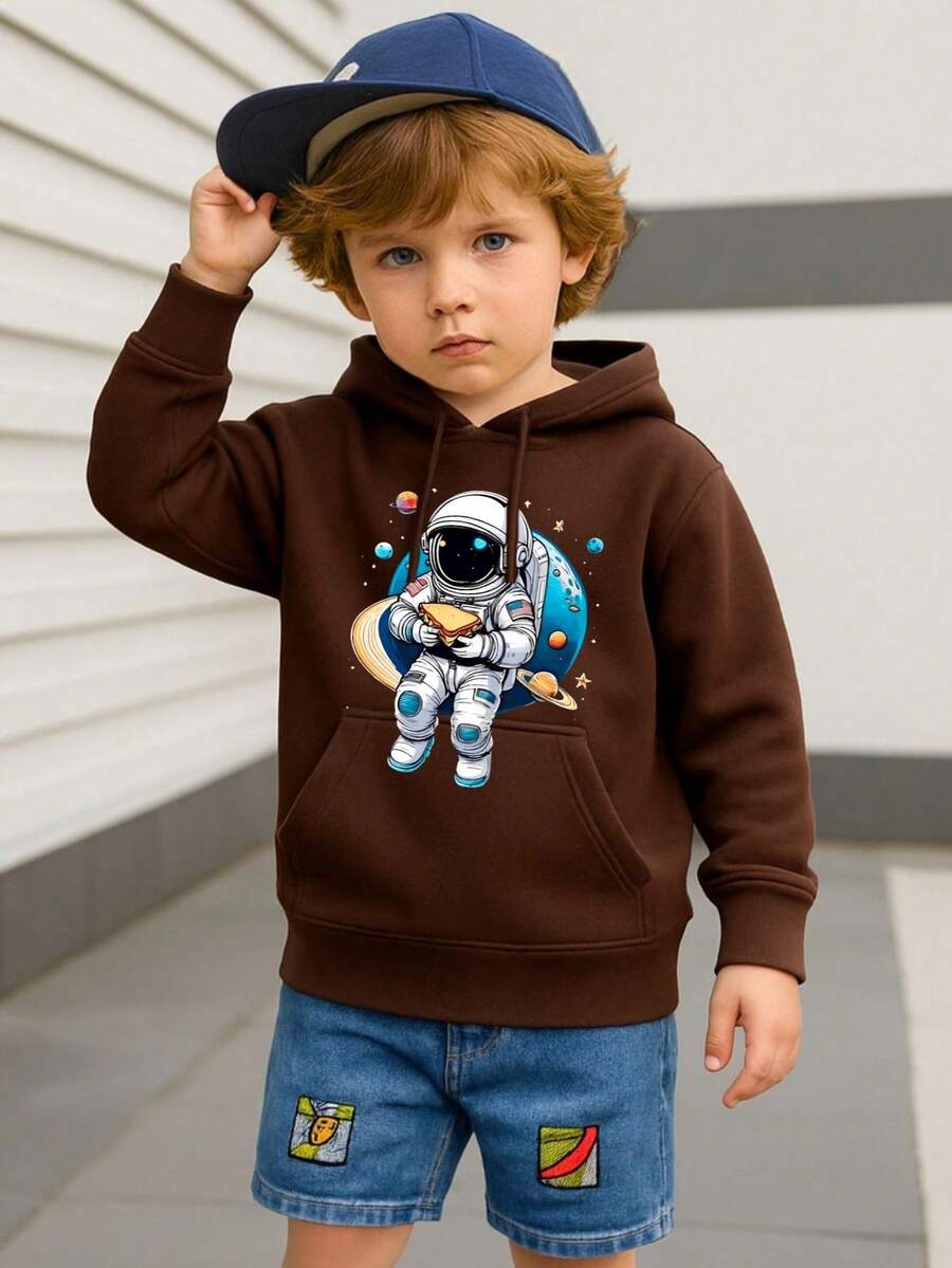 Moletom Infantil Juvenil Blusa de Frio Estampa Astronauta Flanelado Premium Bolso Cordão Com Capuz - Marrom - Visão 1
