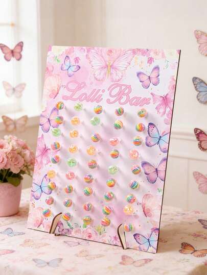 1 Set Wooden Lollipop Display Stand, 45 Holes Lollipop Holder, Pink & Purple Butterfly Design Creative Candy Rack For Wedding, Birthday Party, Dessert Table Decor, Suitable For Wedding, Birthday, Anniversary, Baby Shower, Gender Reveal, Cupcake Stand, Cake Decoration, Wedding Decor, Party Supplies, Wedding Accessories