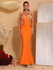 New Sexy Strapless Pink Pearl Decor Wedding Party Cocktail Evening Gown - Jeruk - View 3