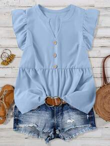 Plus Notched Neckline Ruffle Sleeve Peplum Blouse - Blue - View 1