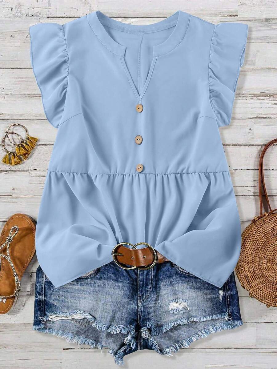 Plus Notched Neckline Ruffle Sleeve Peplum Blouse - Blue - View 1