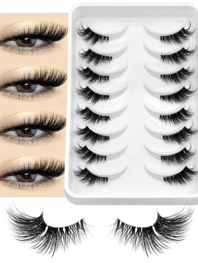  GROINNEYA 8 Pairs Half Lashes Clear Band Eyelashes Cat Eye False Eyelashes Natural Look Wispy Faux Mink Lashes Eye Elongated Winged End Fake Eyelashes Fairy Mange Lashes,Suitable For Everyday Wear, Party Wear