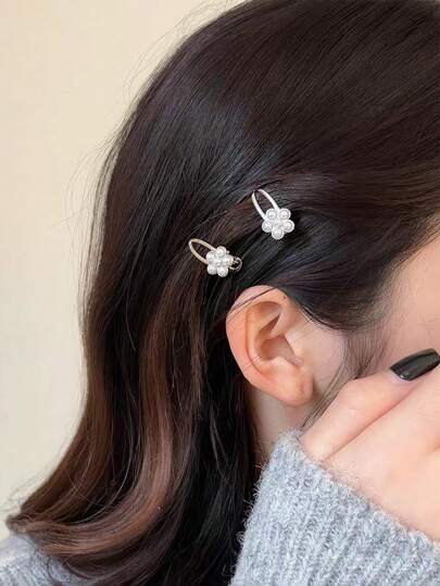 2pcs Pearl Flower Mini Hair Clip For Women New Style Side Clip Cute Bangs Hair Clip Hair Accessory, Hair Claws, Hair Slide, Hair Barrettes, Hairpin