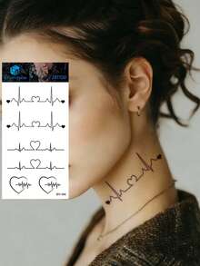 Small Floral Arm Fine Line Temporary Tattoos, Minimalist Heart-Stirring Line Art, Heartbeat, Music Notes, Words, Suitable For Wrist, Ankle, Shoulder, Neck, Collarbone, Waterproof, Realistic Tattoo Stickers For Music Festivals, Celebrations, Valentine's Day, Party Gifts - Black - View 6