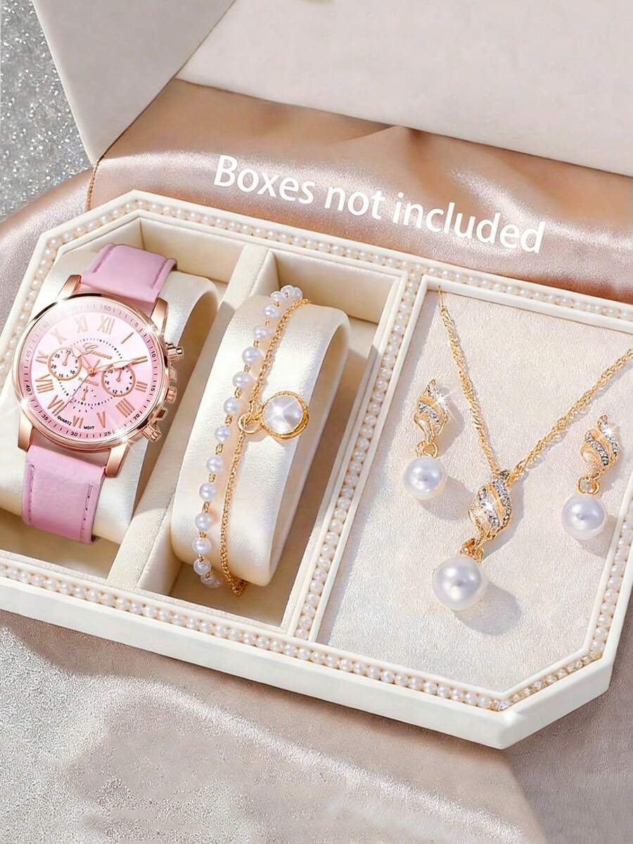 5pcs/Set Fashion Women's Round Steel Band Quartz Watch, Versatile Round Dial, Can Be Matched With Bracelets, Necklaces, Earrings And Other Jewelry To Form A Jewelry Set, Suitable For Daily Wear, Formal Events And Other Occasions, Best Gift Set For Women - Pink - View 1