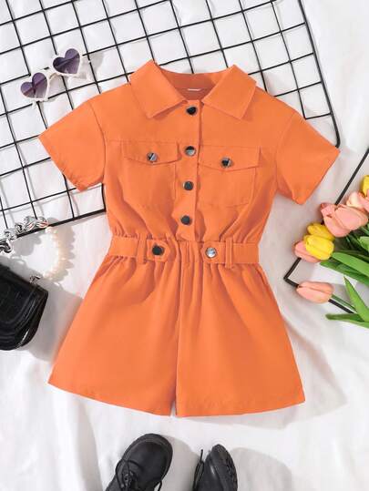 女童春夏翻领纯色连体裤，收腰短袖休闲连身裤