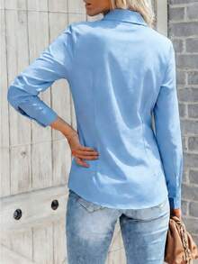 Women's Blue Long Sleeve Non-Sheer Design Breathable Comfort Button Down Blouse Business Casual Women Outfits Work Blouse Office Outfits Teacher Outfits Camisas Para Mujer Work Shirts - 藍色 - 查看 2