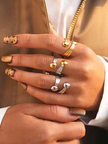 3pcs/1pc Fashionable Geometric Line Gold Stainless Steel Rings, Personalized Stackable Knuckle Rings For Women, Suitable For Vacation, Date, Gift, Daily Matching, Best For Valentine's Day, Mother's Day - Multicolor - View 3