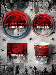 10件/20件生日派对装饰套装 - 欢迎光临，红黑纸盘、纸杯、餐巾纸，恐怖森林惊悚主题派对装饰，生日派对用品及礼物 - 彩色 - 查看 5