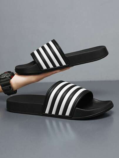 4-Season Indoor Slippers, Couple Slippers, Campus Dormitory Slippers, Bathroom Slippers, Serrated Contour Upper, Black & White Striped, Slip-On, One-Piece