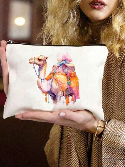 Camels & Coconut Trees Print Makeup Bag, Multiple Styles To Choose From, Colored Ink Style,Reusable Cosmetic Pouch With Camels Design, Lightweight, Cosmetic & Toiletry Organizer Bag, Zippered Cosmetic Bag, Lightweight Coin Purse, Toiletry Bag, Storage Bag, Travel Accessory, Perfect For Shopping, Versatile Use, For Organizing Makeup, Brushes, Accessories, New Year, Valentine's Day Gift, Ramadan Gift