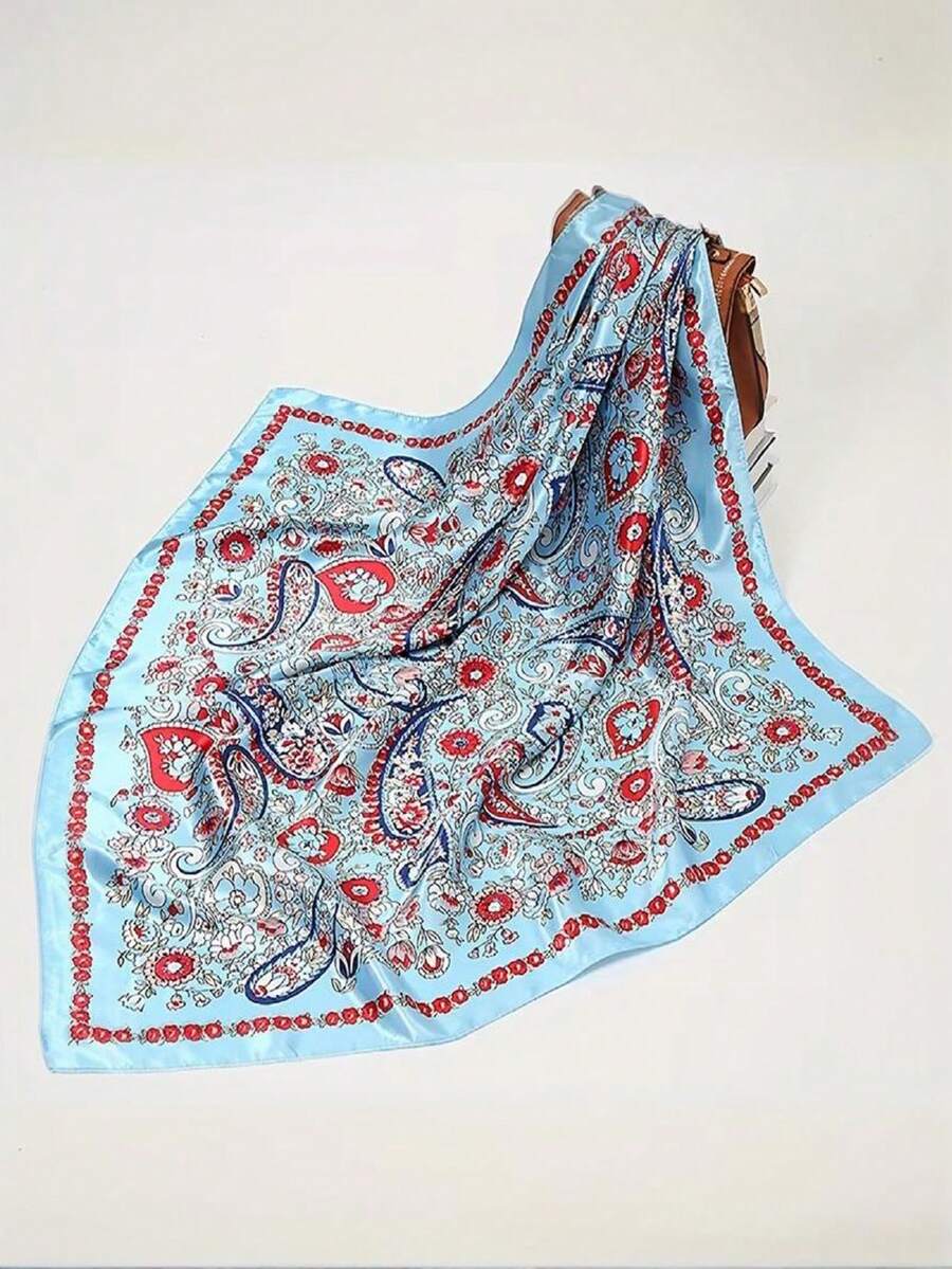 Elegant Women's Printed Satin Scarf 90x90 Large For Hair - L10N/azul - 查看 1