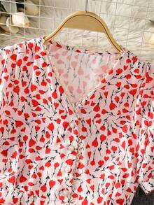 女士夏季印花蕾丝边V领短袖优雅度假连衣裙 - 紅色 - 查看 3