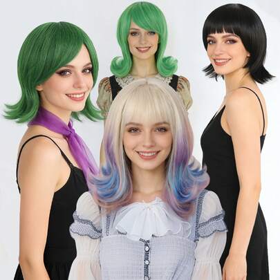 Fashion Women's Short Colourful Green Black Synthetic Bob Hair Anime Cosplay Wig With Bangs For Daily Party Use, Straight Hair With Out Flip Wavy End, Heat Resistant Fibre, Movie Game Cartoon Character Costume Wig For Holiday Music Festival Stage Performance Props, Natural Looking, Suitable For Christmas, Birthday Gatherings And Other Occasions