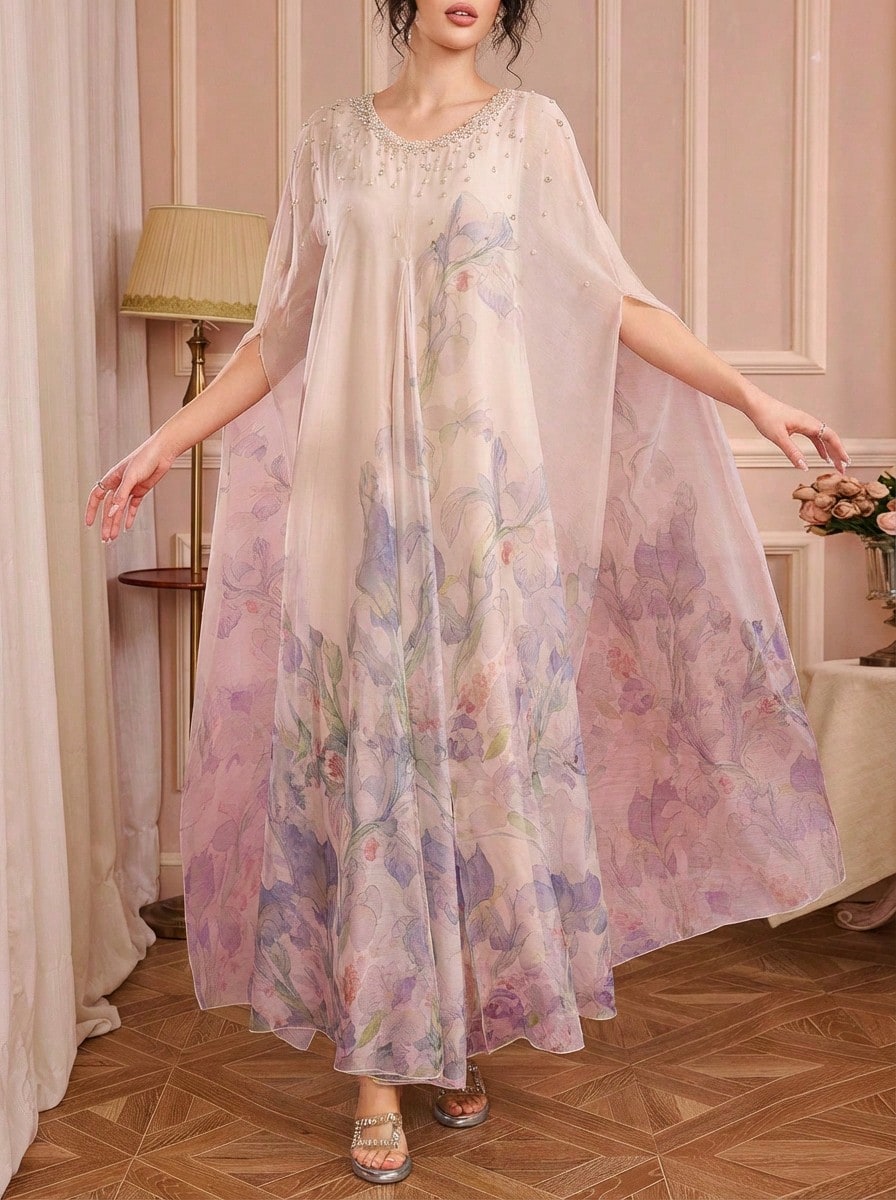 Solessence Vestido de cuello redondo con estampado de flores aleatorio, cuello con cuentas, elegante estilo árabe abaya para mujer - Albaricoque - Ver 1