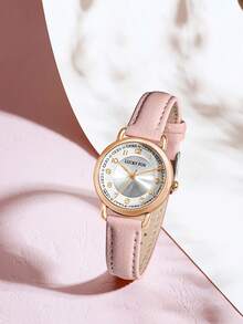 1 pieza Reloj de cuarzo unisex de estudiante LUCKYFOX, reloj de moda con correa de cuero color oro rosa, adecuado para la vida diaria, ir al trabajo, regalo diario - Rosa - Ver 7