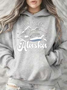 Women Hooded Sweatshirt Cruisin Together Alaska 2026 Cruise Ship Mountains Bear And Dolphin Print For Vacation Travel Summer Holidayprinted Sweatshirt - 灰色 - 查看 2