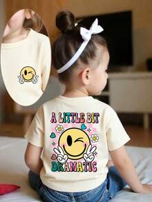 Baby Girl Cartoon Colorful Smile Face Print Crew Neck Short Sleeve T-Shirt - Apricot - View 9