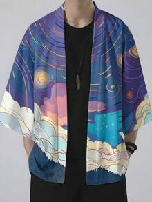 Men's New Summer Kimono Cardigan, Three-Quarter Sleeves, Loose Fit, Starry Sky Print, Artistic Feel, Suitable For Everyday Wear, Casual Commuting, And More. - Nhiều màu - Xem 3