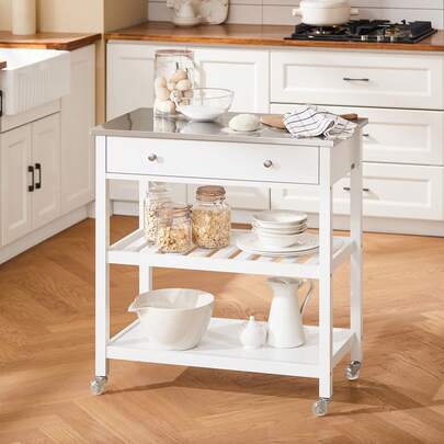 SoBuy FKW47-W, Kitchen Trolley Cart Kitchen Storage Trolley Serving Trolley With Stainless Steel Worktop, White