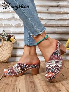 LangMoon 2026 Geometric Pattern Chunky Heel Sandals, Retro Printed Upper + Stabilizing Thick Heel, High-Appearing Yet Comfortable, Non-Slip Outsole, Personalized-Catching Suitable For Commuting, Vacation, Dating, Versatile Spring/Summer Footwear - Blue Bohemian - Horizontal Stripes - View 6