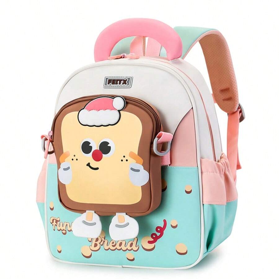 1pc Cartoon Bread Design Lightweight Nylon Backpack, Zipper Closure, Suitable For All Seasons - Pink - View 1