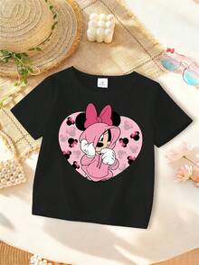Minnie Mouse In Pink Hoodie The Floral Pattern Disney Summer Girls Round Neck Short Sleeved Baby Tops Are Suitable For Daily Wear Comfortable And Breathable And Fashionable And Versatile They Are The Perfect Gift For Children - 黑色 - 查看 2