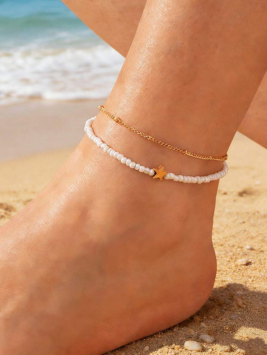 1pc Bohemian Style Star Beaded Double Layer Anklet, Women Vacation Accessory - Multicolor - View 1