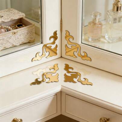 4/8pcs Auspicious Cloud Pattern Mirror Wall Stickers, Corner Tile Decor Floral Design Mirror Plastic Wall Decals, Non-Glass DIY Furniture Mirror, Cabinet, Home Bedroom Decor, 3.94" X 3.94"