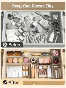 1/11/18/25 Stück Kunststoff Schubladenorganizer Set, 4 Größen, Schminktisch Organizer Box, Schminktisch und Schreibtisch Schubladenorganizer Tablett, Schlafzimmer, Badezimmer, Küchenutensilien und Büroorganizer und Aufbewahrung (transparent), multifunktionales Organizer Set, Raumdekoration - Transparent - Übersicht 10