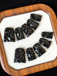 Y2K风格鸭嘴手工美甲贴纸，透明甲片，镶嵌黑色水钻，3D闪亮设计，全覆盖亮片人造指甲，适合派对、户外、海滩、日常、节日、聚会、工作和特殊场合，10片/包，手工按压式美甲贴片 - 黑色 - 查看 2