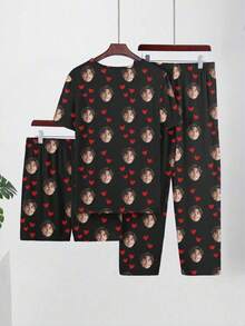 Customized Men's 3 PiecesShort Sleeve Pajama Set, Can Print Any Pattern, Personalized Pajamas With Photos, Comfortable Sleepwear With Customized Funny Images. Suitable For Occasions Like Valentine's Day, Birthday, Gifts, Personalized, Colorful, Cute, Witty, Unique, Exclusive, Ideal Boyfriend Gift, Suitable For Boyfriend, Family, Friends, Elders, Fashionable For Autumn, Party Occasions - Black - View 2