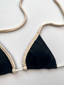 Black & Apricot Woven Rope Tie Two Pieces Bikini Set, Sexy Elegant Women's Summer Casual Beach Vacation Pool Party Fashion Swimsuit - Black - View 6