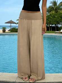 Y2K Women's Bohemian Linen Wide Waist And Wide Leg Fold-Out Pants, Solid Color Low Waist Relaxed Palazzo Pants, Comfortable Summer Beach Pants, Suitable For Everyday Leisure - 卡其色 - 查看 3