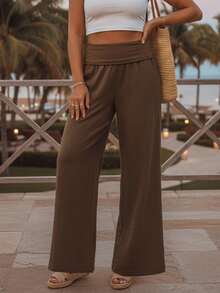 Pantalones de cintura baja para mujer, color liso, pierna ancha, holgados, cómodos, informales, para uso diario. - Café integral - Ver 3