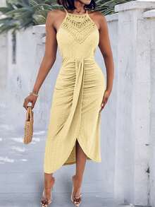 ChicMe Women's Sleeveless A-Line Dress With Front Slit And Tie-Back Design, Solid Color, Sexy & Elegant For Vacation, Evening Party Summer Yellow - Yellow - View 5