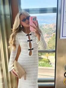 Senya Women's New Long Sleeve Hollow Out Knit Maxi Dress, New Chinese Style Design, Round Neck Elegant Elegant, Casual Commute, Banquet, Party, Date, Beach, New Year, Valentine's Day Soft Coverup Dress, Long Slim Fit - White - View 1