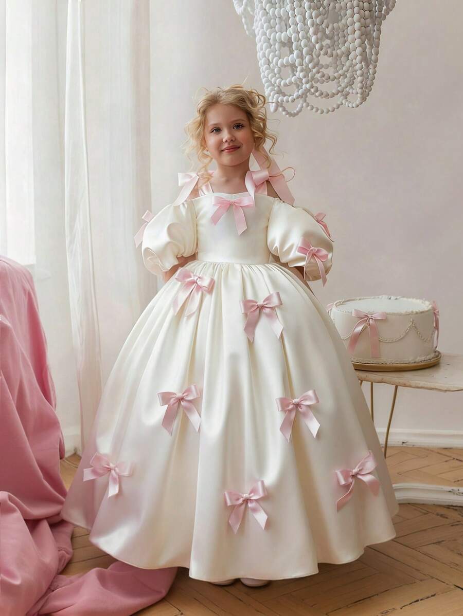 Young Girl White & Pink Patchwork Bow Puff Sleeve Party Dress, Elegant Princess Dress Suitable For Girls Birthday Party, Flower Girl Wedding, Bridesmaid, Prom, Easter, Graduation - 白色 - 查看 1
