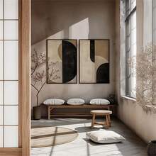 米色和黑色几何极简抽象日式侘寂风格墙面艺术装饰画，日式北欧风格海报，现代中性纹理艺术装饰画，可选画框 - 多選 - 查看 6