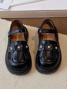 1双女童浅口真皮乐福鞋，厚底玛丽珍鞋，软底防滑防踢圆头复古儿童休闲鞋，透气平底百搭旅行/上学鞋，适合春/夏/秋季穿着 - 黑色 - 查看 2