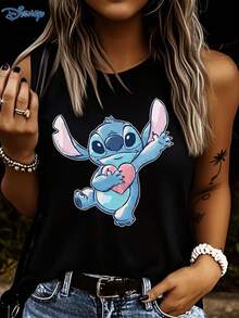 Disney 缝线爱心印花女士背心，时尚休闲无袖背心，圆领，略带弹性，易护理面料，适合日常穿着 - 黑色 - 查看 3