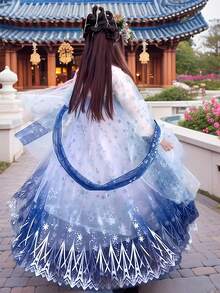 Women's Blue Fairy-Like Hanfu, Classic, Elegant, And Sophisticated, With A Loose Fit.  Four-Piece Chinese Hanfu Set. Traditional Cultural Attire. Suitable For Balls, Graduation Ceremonies, Spring Festival Costume New Year's Celebrations, Parties, And Gatherings. Hanfu For All Seasons. Lady Costume - Baby Blue - View 5