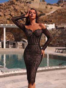 女士优雅蕾丝露肩长袖露背绷带鸡尾酒会礼服，情人节婚礼黑色 - 黑色 - 查看 3