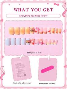 SANRIO 24片短方形3D凝胶美甲贴纸，饰有可爱的3D星星、爱心、蝴蝶结、珍珠和水钻，粉色少女风，完美贴合假指甲，包含1瓶胶水和1个指甲锉，适合日常和派对场合。 - 彩色 - 查看 5