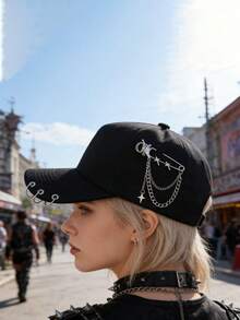 朋克风金属链条别针棒球帽，街头酷炫黑色后扣帽 - 黑色 - 查看 11