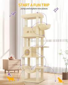 HaluPeit 210 Cm Large Cat Tower For Indoor Cats,Cat Tree, Multi-Level Cat House With Condo, 8 Scratching Posts, Hammock - 米色 - 查看 2