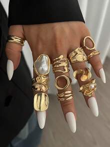 12件套复古优雅波西米亚风女士金属褶皱不对称镂空珍珠金色戒指套装，适合日常、派对、婚礼、节日、约会、送礼。 - 金色 - 查看 3